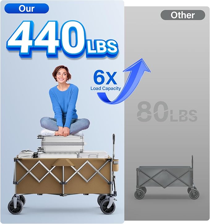 Collapsible Wagon, 440 lbs Foldable Wagons Carts with Big Wheels, Folding Wagon for Beach/Garden/Camping/Grocery Khaki