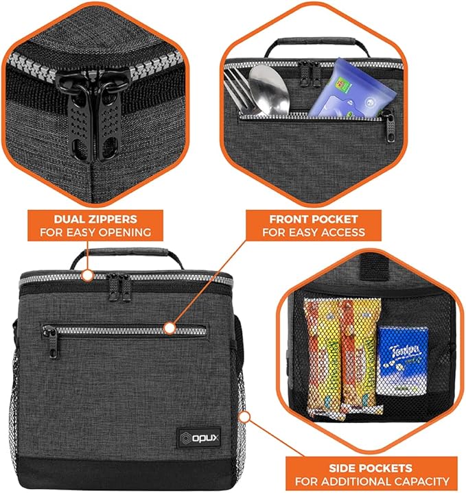 opux Extra Large Insulated Lunch Box Men Women, Lunch Bag for Work, Leakproof Soft Cooler Tote Adult, Lunch Pail, Picnic Beach Collapsible Food Bag with Shoulder Strap, Charcoal