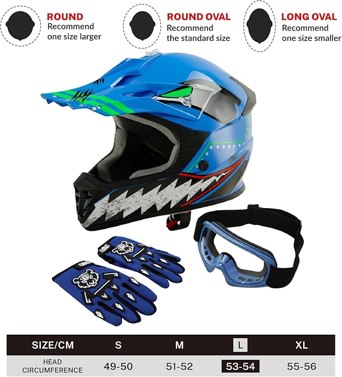 TCT-MOTORPARTS DOT Youth Kids Motocross ATV Helmets Offroad Street Dirt Bike Go-Kart BMX MX Full Face Helmet Blue w/Shark Mouth Large Size