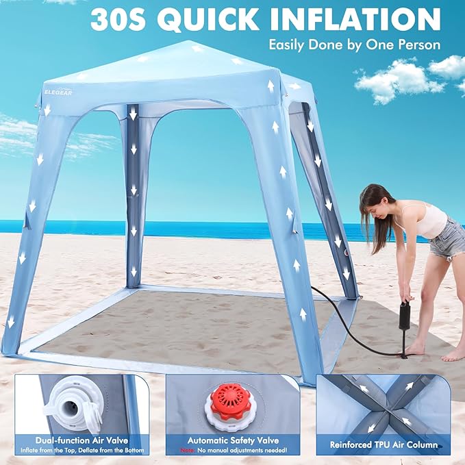 Elegear Inflatable Beach Canopy Tent, 7'x7' Beach Cabana, 30s Setup UPF 50+ UV Protection Portable Blow Up Tent Sun Shade Shelter with Side Curtain, for Camping Fishing Backyard Picnics - 6-8 Person
