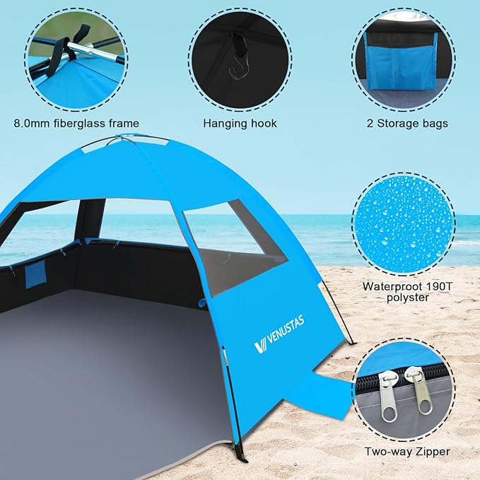 Venustas Beach Tent Sun Shelter for 3-10 Person, UPF 50+ UV Protection Canopy, Lightweight and Easy Setup Cabana, Portable Beach Shade