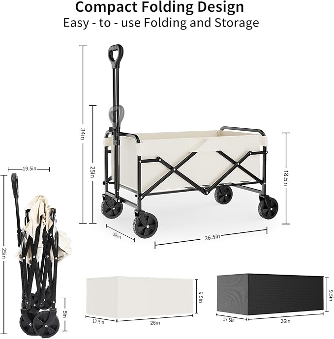 Collapsible Wagon Cart with 5" Removable 360° Swivel Wheels & Adjustable Handle, 220lbs Load Capacity, Dual Detachable Oxford Covers (White+Black)， MDF Base, All-Terrain Portable Utility Cart