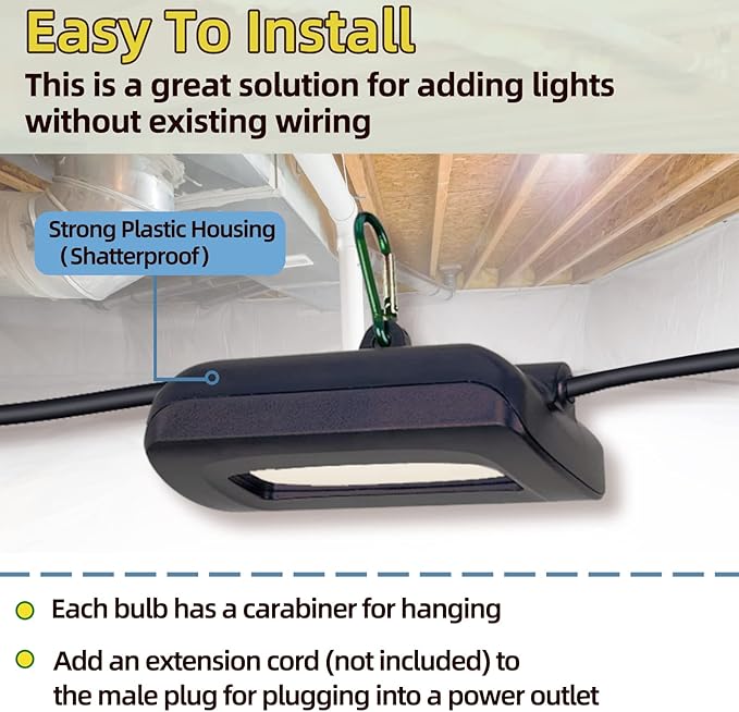 Owleye 50FT Led String Work Light 85W 8000LM Waterproof Construction String Lights Linkable Temporary Work Lighting Outdoor Indoor Worklight (5 Light Heads)-2 Pack