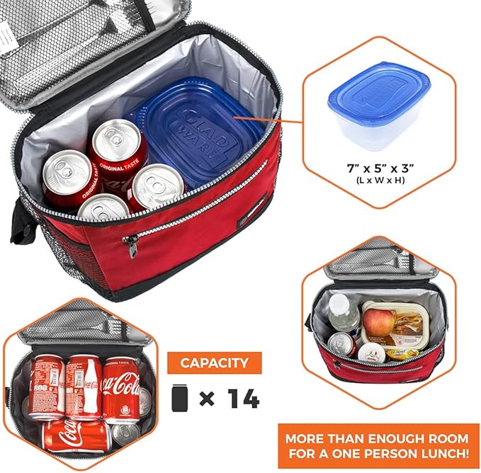 opux Insulated Lunch Box Men Women, Lunch Bag for Work School, Leakproof Soft Cooler Tote Adult, Large Lunch Pail Kids Boys Girls, Picnic Beach Food Bag with Shoulder Strap, Red