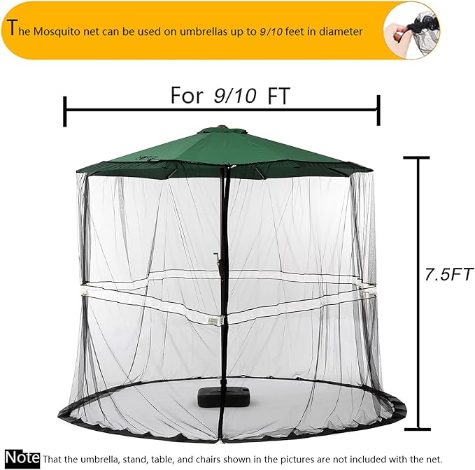 9/10FT Mosquito Net for Patio Umbrella Outdoors Screen Polyester Hanging Tent （Mosquito Net Only） (9FT/10FT(with Light))