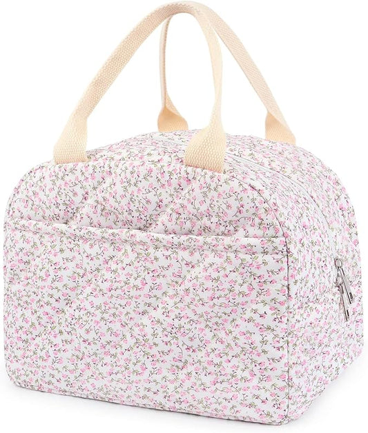 Cotton Quilted Insulated Lunch Bag, Cute Quilted Floral Lunch Tote Bags Reusable Insulated Lunch Box Coquette Aesthetic Large Capacity Insulated Cooler for Women Men Work Travel Picnic (Pink)
