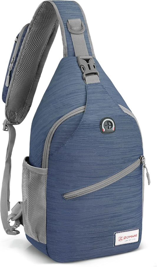 ZOMAKE Sling Bag for Women Men, Small Crossbody Sling Backpack, Mini Water Resistant Shoulder Daypack for Travel, Anti Thief Chest Bag for Hiking, Sports, Navy Blue(Stripe)