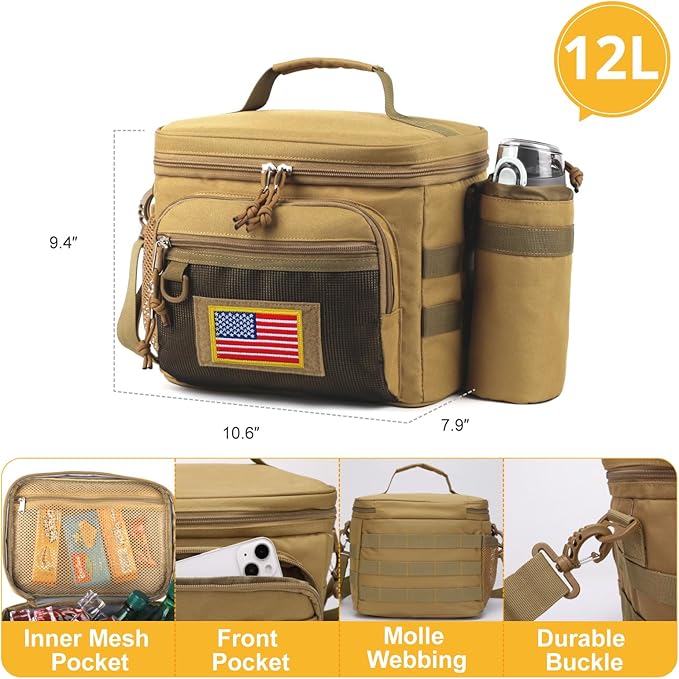 Tactical Reusable Lunch Bag for Men/Women - Insulated Lunch Box Leakproof Lunch Pail Freezable with Adjustable Shoulder Strap,Lunch Cooler Bag for Work Office Picnic Beach，Brown