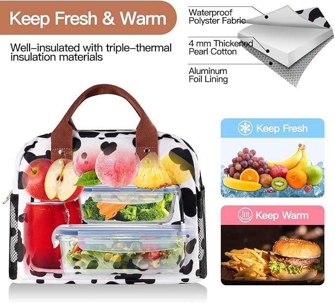 Lunch Bag Women,Insulated Lunch Box Lunch Bag for Women Men Work Adult Cute Small Lunch Tote Bag, Large Capacity Reusable Cooler Containers for Travel Picnic Office or Beach(Cow)