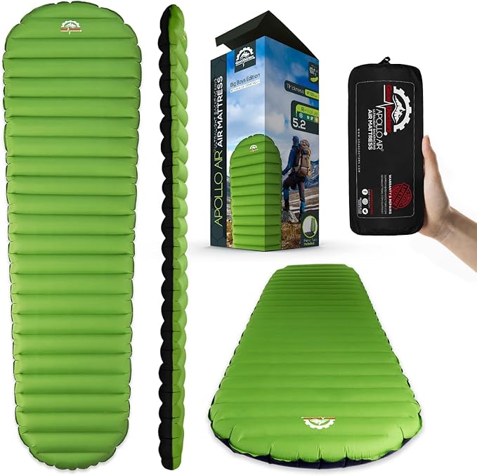 Gear Doctors Ultralight 17oz Camping Sleeping pad ApolloAir - Compact, Warm 5.2 R-Value 4 Season Air Mattress, Perfect for Backpacking, Hiking - Lightweight Inflatable & Compact Sleep Pad
