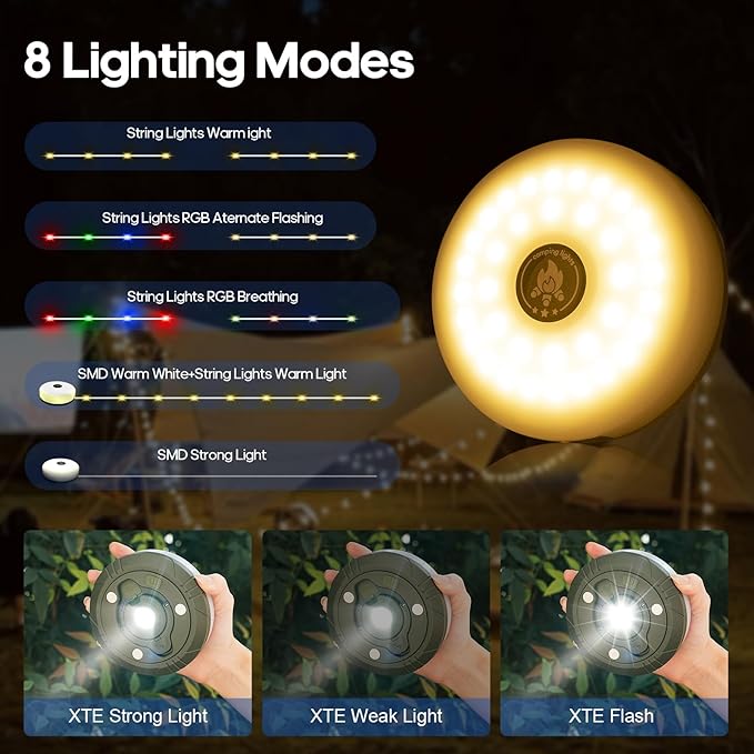 DGE Camping String Lights, 8 Lighting Modes 2-in-1 Outdoor String Lights with RGB and Warm White Light (32.8ft), Quick Storage, Waterproof, Type-C Charging for Camping, Holiday