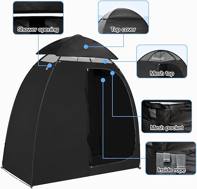 EighteenTek Shower Tent Camping, 2-Room Portable Changing Room, Outdoor Shower Enclosure, Pop Up Privacy Tent Shelter with Floor & Doors, Changing Tent, Camping Toilet, Bathroom