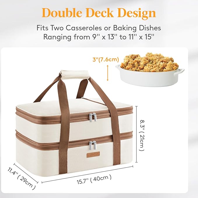 Double Decker Insulated Casserole Carrier for Hot or Cold Food, Lasagna Lugger Tote for Potluck Parties/Picnic/Cookouts, Fits 9"×13" Baking Dish, Cream
