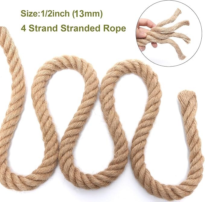 Heavy Duty Jute Rope - 1/2 Inch, 100 Feet, Natural Hemp, Twisted, Ideal for Crafts, Gardening, Bundling, Climbing, Hammock, Nautical, Tug of War, Railings, Home Decorating