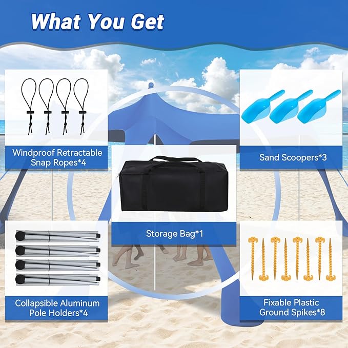 Beach Tent, UPF50+ Protection Sun Shade Canopy with 8 Sand Bags, Sturdy and Durable,Easy to Install, Outdoor Beach Tent Sun shelter for Camping Trips, Backyard，Picnic (9.8 x 9.8 Ft, Dark Blue)