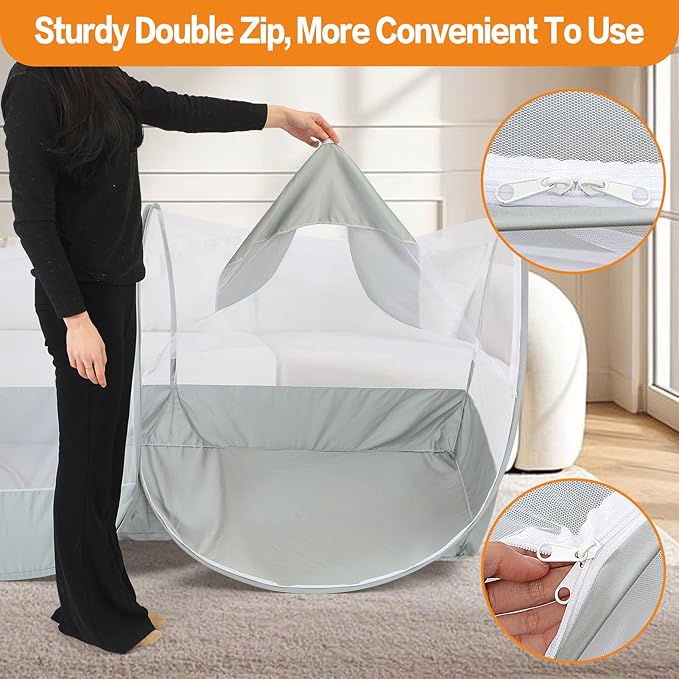 Pop Up Mosquito Net for Bed - Portable Mosquito Tent with Dense Mesh - Bed Tent with Easy Fold Durable Mesh for Camping, Travel, Bunk Beds and Home Protection (White Gery)