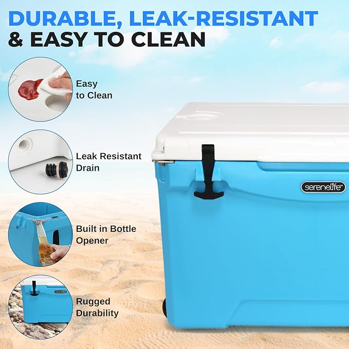 SereneLife Ultra-Tough 75 Quart Rotomolded Cooler Box with Wheels, Holds Upto 104 Cans, Keeps Ice Up to 5 Days, Heavy-Duty Insulated Portable Ice Chest Box, Ideal for Camping, Beach, and Outdoors