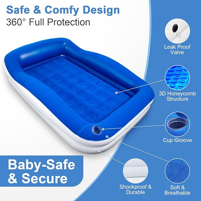 Inflatable Toddler Travel Bed – Portable Toddler Bed with Safety Bumpers, Toddler Floor Bed for Travel, Camping, Sleepovers – Kids Blow Up Bed with Pump & Carry Bag