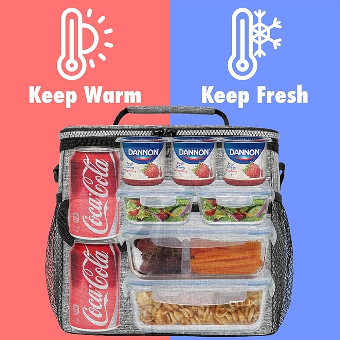 opux Insulated Lunch Bag for Men Women, Leakproof Heather Gray Lunch Box for Work, Portable Soft Lunch Cooler Bag with Shoulder Strap, Adult Lunchbox Lunch Pail for Kid Boy Girl School, 18 Can/10L