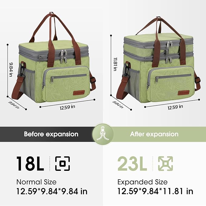 Maelstrom Lunch Bag Women,23L Insulated Lunch Box For Men Women,Expandable Double Deck Lunch Cooler Bag,Lightweight Leakproof Lunch Tote Bag With Side Tissue Pocket,Green