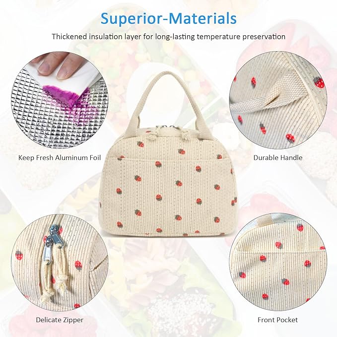 Lunch Bag, Beige Corduroy with Strawberry Pattern, Insulated Thermal Tote, Portable and Reusable Cooler for School or Work, 8.5L