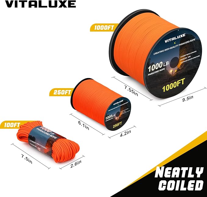 1000lb Paracord Rope, 4mm 12 Triple Strands Paracord, Heavy Duty Tactical Parachute Cord for Survival Gear, Camping, Hiking, and Ideal for Bracelets, Lanyards, Type III