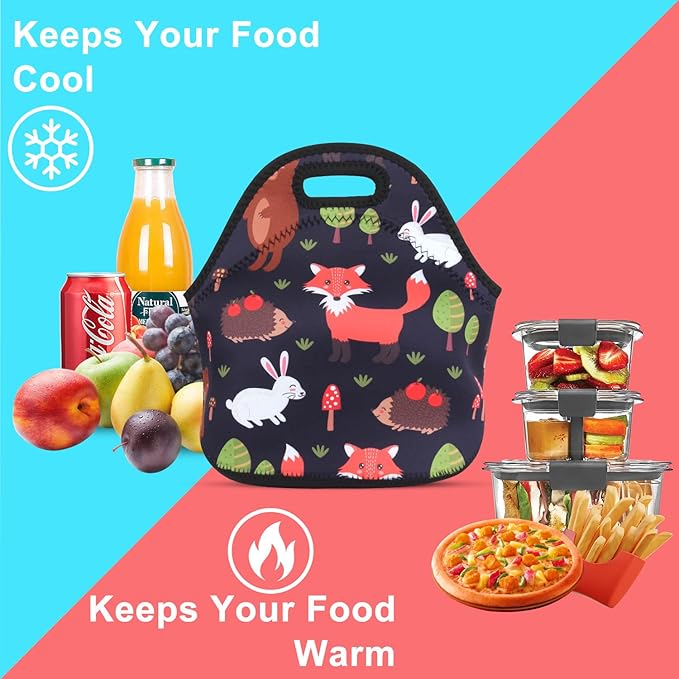 Violet Mist Neoprene Fox Lunch Bag Insulated Waterproof Lunch Bag Tote Cartoon Reusable Lunch Box Containers Food Carrying Lunch Handbag for men Women Work Thanksgiving Christmas Gifts