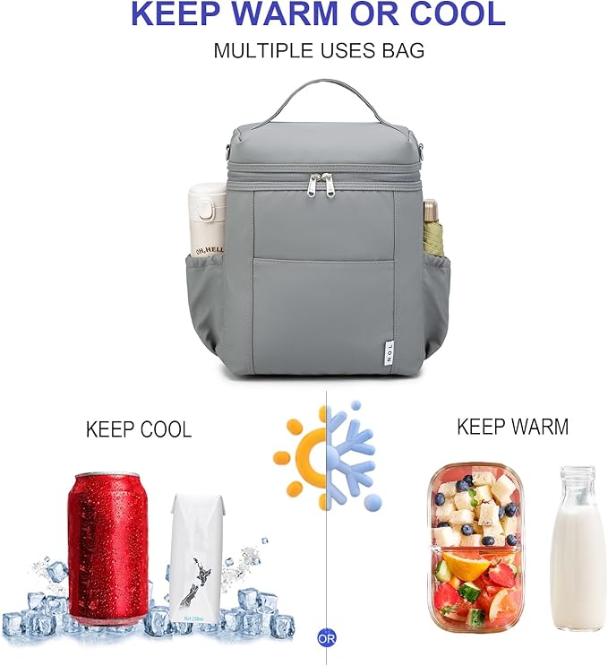 NOL Natural Organic Lifestyle Insulated Lunch Bags for Women Cooler Bag Lightweight Nylon Waterproof Lunch Box For Work (Gray, Large)