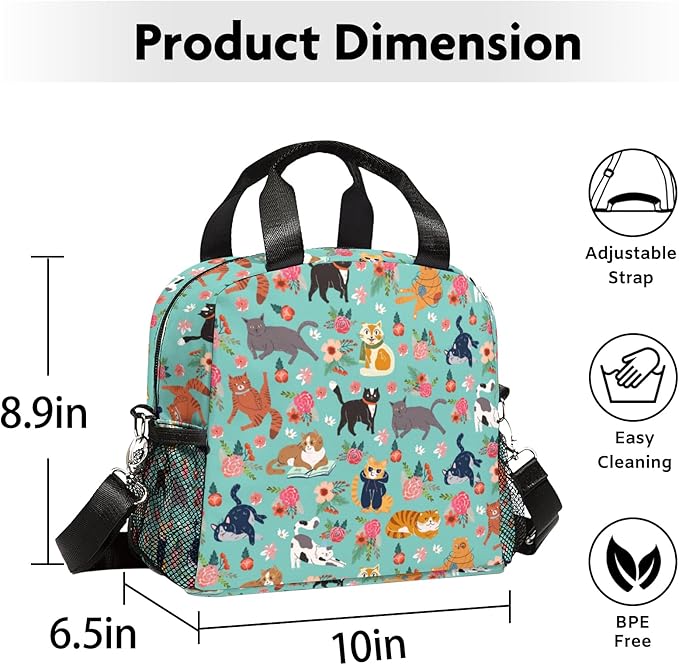 Lunch box Kids,Insulated Cat Lunch Bag Cute Small Lunch Totebag Reusable Leakproof Lunch Bag With Shoulder Strap for Girls Boys Women School Work Picnic
