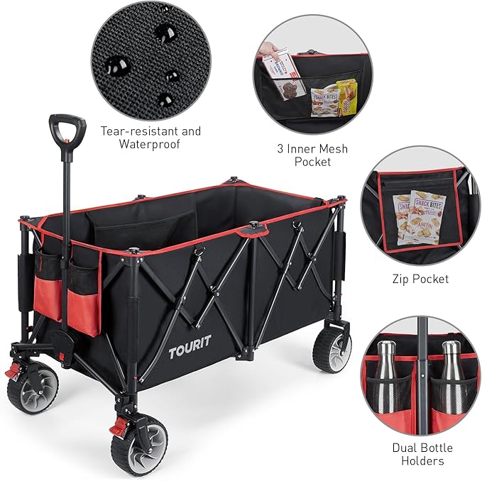 TOURIT 260L Collapsible Foldable Wagon with 330lbs Weight Capacity, Heavy Duty Folding Utility Garden Cart, Beach Wagon with Big All-Terrain Wheels & Drink Holders, Black