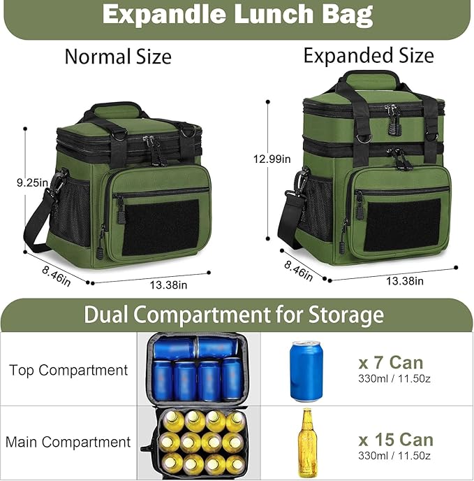 GLENKEY Double Deck Insulated Lunch Box, Expandable Xlarge Lunch Bag Leakproof Cooler Bag Lunch Pail for Men Women Adults Work Shifts Travel Daytrip,22L,Army Green