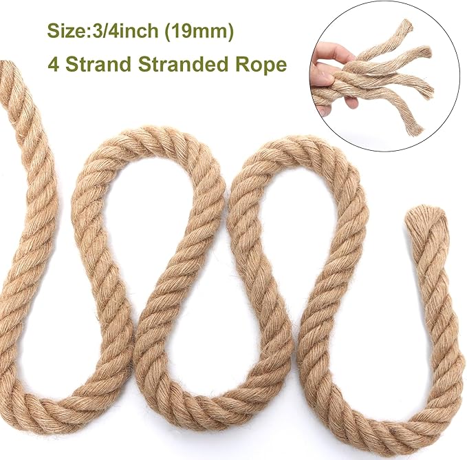 Rope 3/4 Inch 50 Feet Jute Rope, Heavy Duty Jute Rope,Natural Hemp Rope, Twisted Hemp Rope for Crafts, Gardening, Bundling,Hammock, Nautical, Tug of War, Railings, Home Decorating