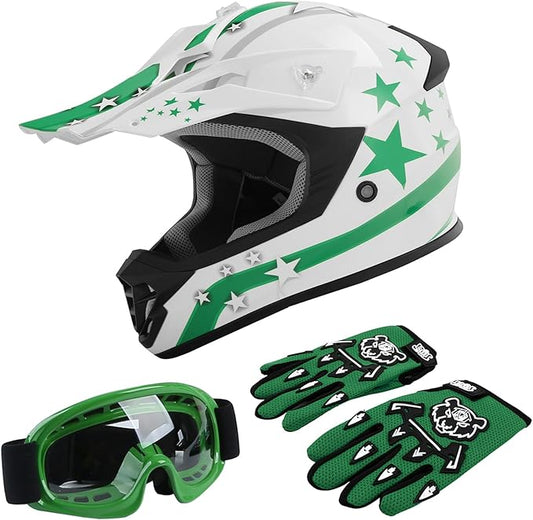 TCT-MOTORPARTS DOT Youth Kids Motocross ATV Helmets Offroad Street Dirt Bike Go-Kart BMX MX Full Face Helmet White w/Green Star X-Large Size