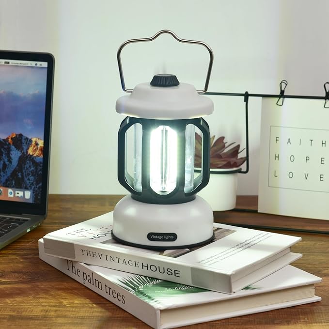 Camping Lantern Rechargeable, 360° Brightness Dimmable Retro Camping Light, Hanging Vintage Camping Lamp Outdoor Tent Light for Power Outage, Hurricane, Emergency, 3A Battery Included, White