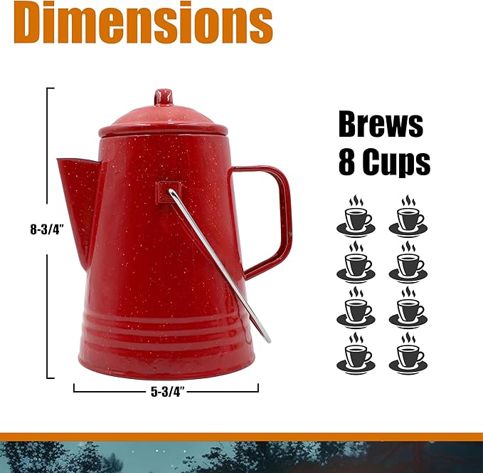 Grip Coffee Percolator (Red) - Durable Glazed Enamel Steel - Prepare Coffee Over the Fire - Camping, Hiking, Backpacking, Fishing, Hunting - (8 Cups)