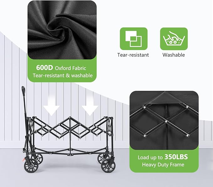 Collapsible Wagon Cart Foldable, 220L Folding Wagon Cart with All-Terrain Wheels, Outdoor Utility Carts with 350lbs Weight Capacity for Grocery Beach Camping Shopping, Black