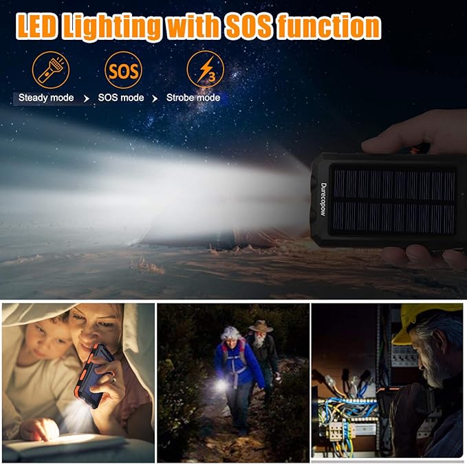 Solar Charger Power Bank, 20000mAh Portable Outdoor Waterproof Solar Battery Charger, Camping External Backup Battery Pack USB C Ports Input/Output, 2 Led Light Flashlight with Compass (Orange)