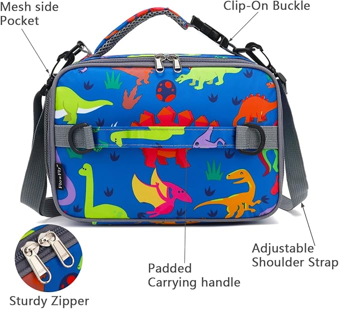 FlowFly Kids Lunch Bag, Durable Insulated School Lunch Box with Shoulder Strap and Bottle Holder, Water-resistant Thermal Small Lunch Cooler Tote for Teen Boys & Girls,Dinosaur