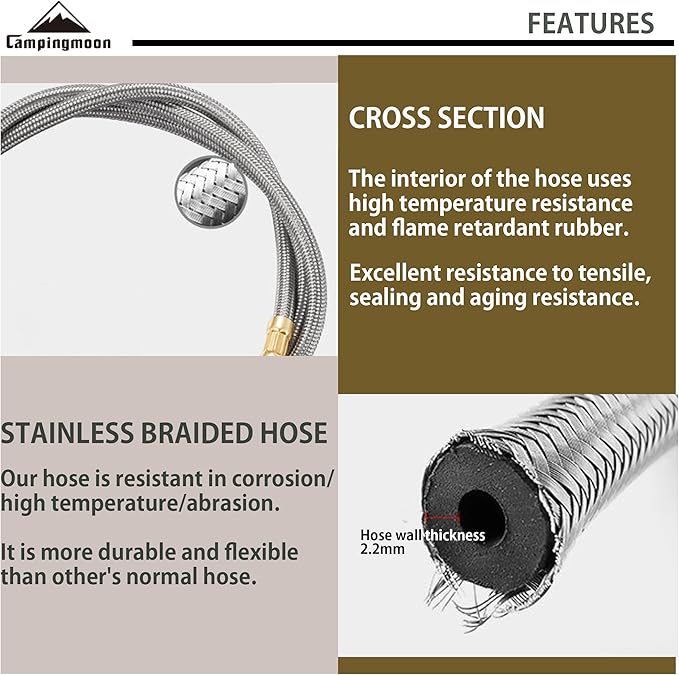 camping moon CAMPINGMOON 9.8-inch Multi-Function Gas Hose for EN417 Lindal Valve Screw-on Type Canister and Device Z21-25