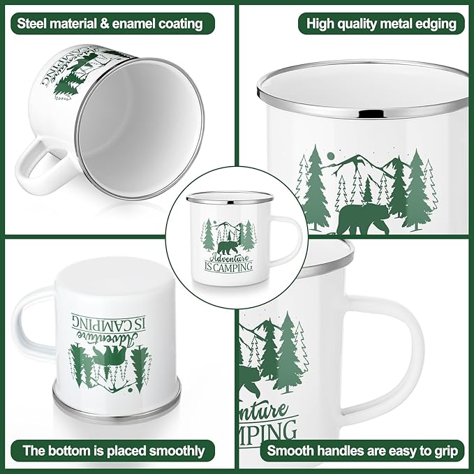 Pickmesh 6 Pcs Camping Mugs Enamel Cups 12oz Coffee Cups with Handle Camping Gifts for Outdoor Hiking Backpacking Lovers(Elegant Style)