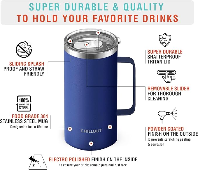CHILLOUT LIFE Stainless Steel 20 oz Vacuum Insulated Coffee Mug with Handle and Lid, Large Thermal Camping Coffee Mug Cup with Durable Sliding Lid for Men & Women, Keeps your Beverages Hot/Cold