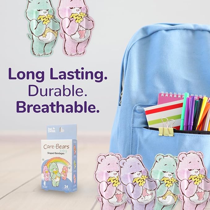 BioSwiss Care Bears Bandages, Baby Care Bear Shaped Self Adhesive Bandage, Latex Free Sterile Wound Care, Fun First Aid Kit Supplies for Kids, 24 Count
