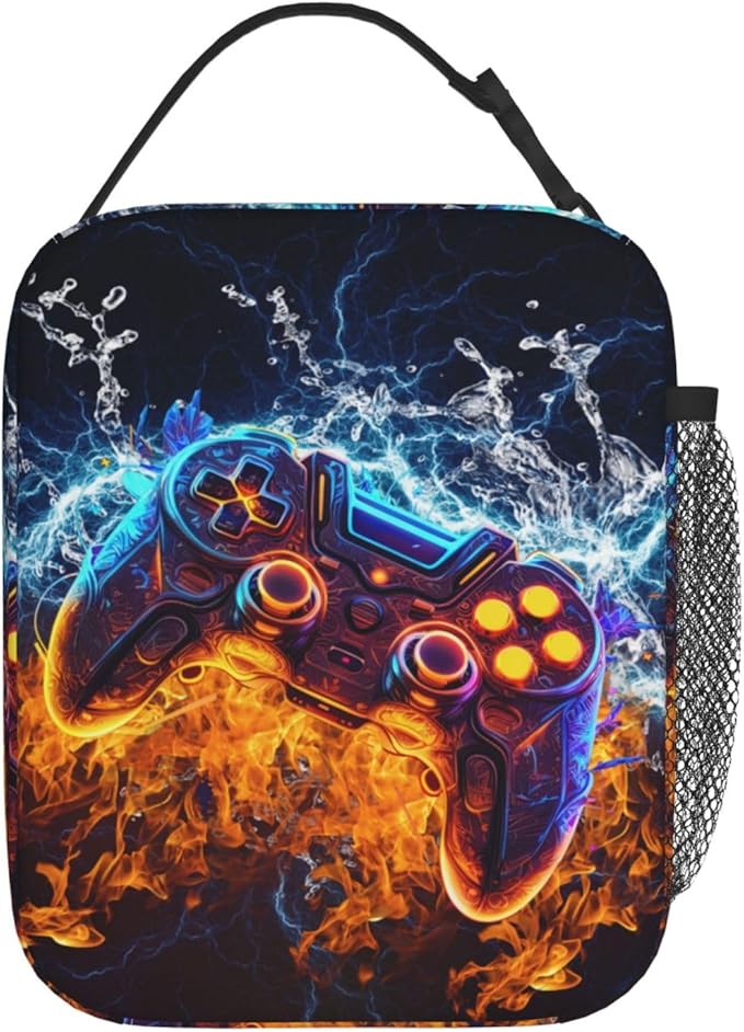 Video Game Controller Insulated Lunch Bag, Gaming Gadgets Lunch Box for Kids, Portable Reusable Zipper Fire and Water Game Lunch Box for Men Women School Work Travel
