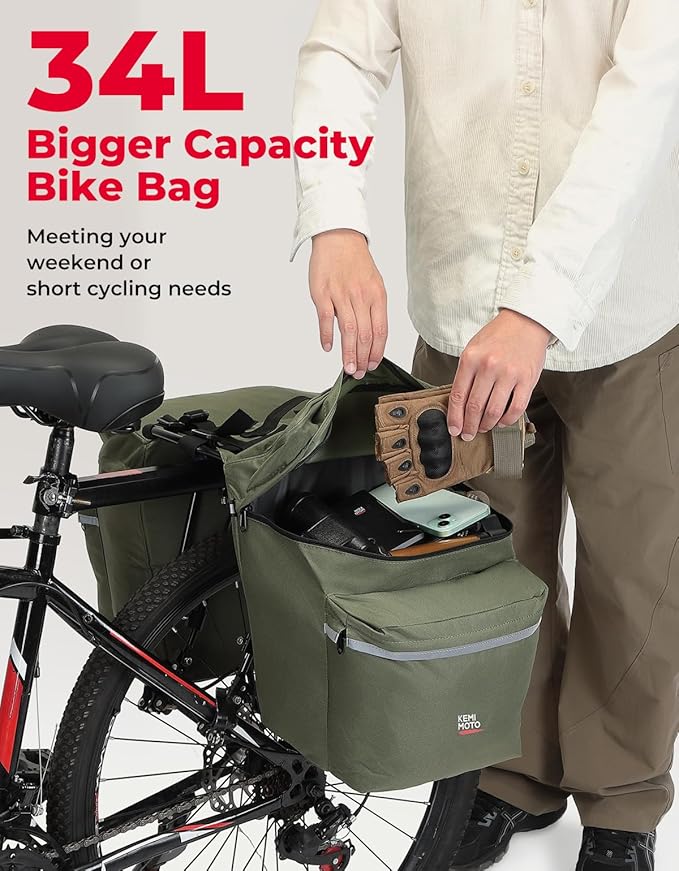 KEMIMOTO Portable Bike Pannier Bag, 34L Large Capacity Water Resistant Bicycle Trunk Bag with Reflective Trim, Bike Rear Seat Saddle Bag for Grocery Shopping Commuter Long Cycling Trip (Green)