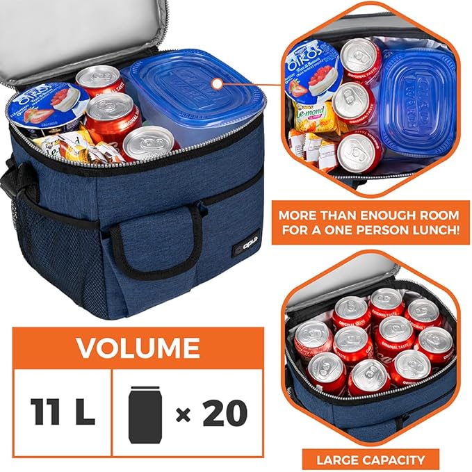 opux Insulated Lunch Bag for Men Women, Leakproof Heather Navy Lunch Box for Work, Portable Soft Lunch Cooler Bag with Shoulder Strap, Adult Lunchbox Lunch Pail for Kid Boy Girl School, 18 Can/10L