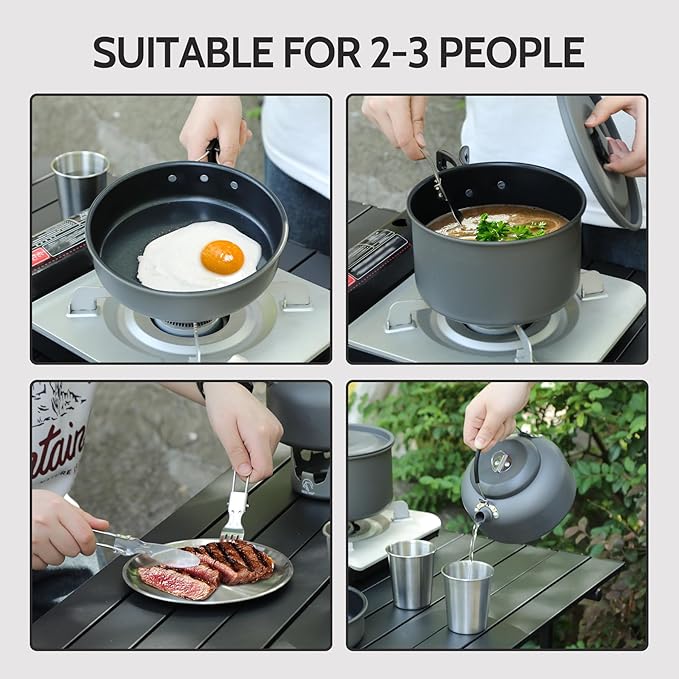 REDCAMP 12/14/15/19 PCS Camping Cookware Mess Kit Camping Gear Campfire Utensils Lightweight Stackable Pot Pan Bowls Soup Spoon with Storage Bag for Camping, Backpacking, Outdoor Cooking, Picnic