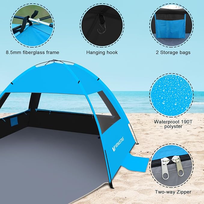 Venustas Beach Tent Sun Shelter for 3-10 Person, UPF 50+ UV Protection Canopy, Lightweight and Easy Setup Cabana, Portable Beach Shade