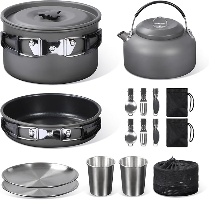 REDCAMP 12/14/15/19 PCS Camping Cookware Mess Kit Camping Gear Campfire Utensils Lightweight Stackable Pot Pan Bowls Soup Spoon with Storage Bag for Camping, Backpacking, Outdoor Cooking, Picnic