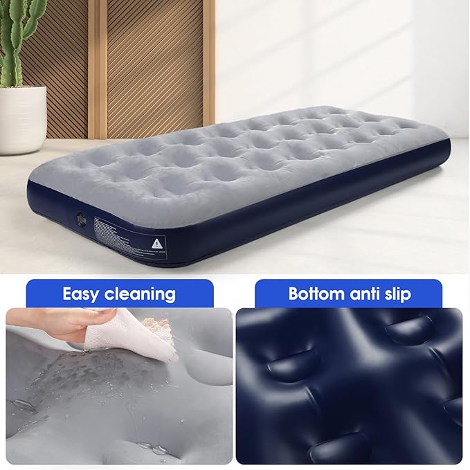 Camping Air Mattress Inflatable Air Bed Flocked Surface Travel Bed Sleeping Pad Air Bed for Outdoor Camping Tent Guest Travelling（Navy Blue,2 PCS）