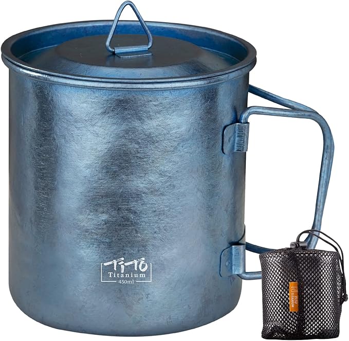 TiTo Titanium Cup Titanium Pot with Lid Ultralight Portable 450ml Foldable Handle Camping Tea Coffee Water Mug for Outdoor Backpacking Hiking Picnic Drinkware with Mesh Sack (Blue)
